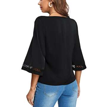LYANER Women's Casual Eyelet Crochet Half Bell Sleeve V Neck Flowy Blouse Shirt Top Black Medium
