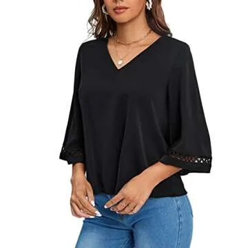 LYANER Women's Casual Eyelet Crochet Half Bell Sleeve V Neck Flowy Blouse Shirt Top Black Medium