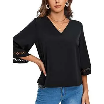 LYANER Women's Casual Eyelet Crochet Half Bell Sleeve V Neck Flowy Blouse Shirt Top Black Medium