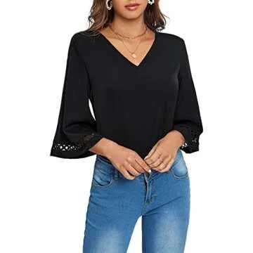 LYANER Women's Casual Eyelet Crochet Half Bell Sleeve V Neck Flowy Blouse Shirt Top Black Medium