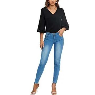 LYANER Women's Casual Eyelet Crochet Half Bell Sleeve V Neck Flowy Blouse Shirt Top Black Medium