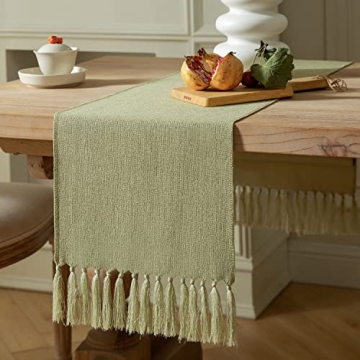 ZeeMart Sage Green Table Runners 60 Inches Long, Burlap Linen Style Rustic Farmhouse Table Runner, B...