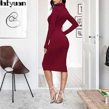 Laiyuan Women Winter Turtleneck Bodycon Dresses - Long Sleeve Solid Midi Sexy Club Dress