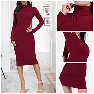 Laiyuan Women Winter Turtleneck Bodycon Dresses - Long Sleeve Solid Midi Sexy Club Dress