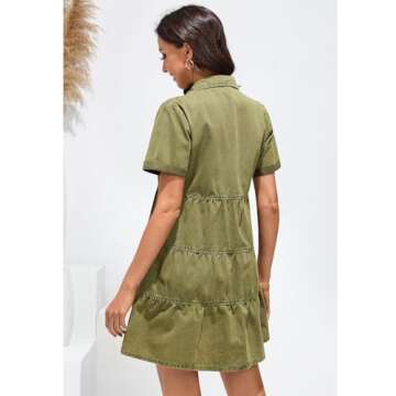 GRAPENT Denim Dress for Women Babydoll Tiered Short Sleeve Button Down Jean Shirt Dresses