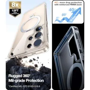 TORRAS 360° Spin Magnetic Stand for Samsung Galaxy S25 Ultra Case, Fit for Magsafe, Military Grade Slim Hard PC Protective S25 Ultra Clear Case with Kickstand & Ring Holder, Ostand Spin, Clear