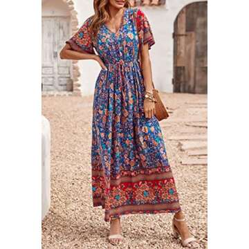 PRETTYGARDEN Women's Casual Summer Boho Floral Print Dress V Neck Short Sleeve High Waist Long Maxi Beach Dresses (A-Blue,Large)