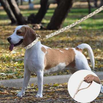 Dog Leather Collar and 4 ft Leash, KUDES Adjustable Basic Collar with Bell Leather Pet Leash Set, Checkered Pattern Durable Leather Collar and Leash with Metal Buckle for Small Medium Large Dogs