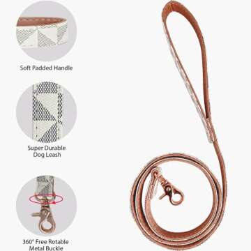 Dog Leather Collar and 4 ft Leash, KUDES Adjustable Basic Collar with Bell Leather Pet Leash Set, Checkered Pattern Durable Leather Collar and Leash with Metal Buckle for Small Medium Large Dogs