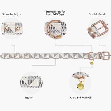 Dog Leather Collar and 4 ft Leash, KUDES Adjustable Basic Collar with Bell Leather Pet Leash Set, Checkered Pattern Durable Leather Collar and Leash with Metal Buckle for Small Medium Large Dogs