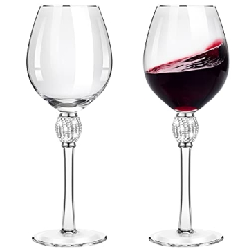 Patelai 2 Pieces Rhinestone Red Wine Christmas Gift Clear Glass with Rim Tulip Shaped Diamond Wine G...
