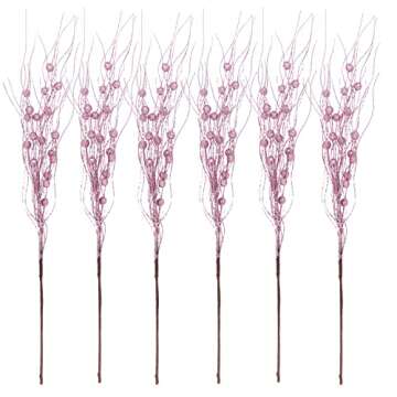 12 Pcs Artificial Glitter Berry Stems for Christmas Tree Picks Curly Sprays Faux Glitter Berry Branches Christmas Tree Twigs Filler Decorations Festival Wreath Supplies Table Centerpiece (6, Pink)