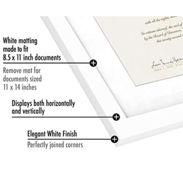 Americanflat 11x14 Diploma Frame with Shatter-Resistant Glass - Use as 8.5x11 Frame with Mat or 11x14 Frame without Mat - Legacy Collection - Thin Picture Frame for Wall Display - White