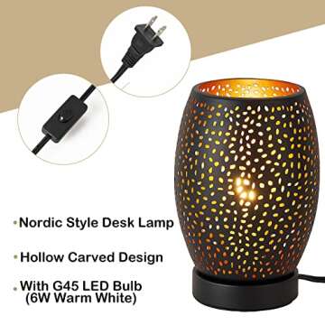 Trssdre Black Metal Table Lamp, Nordic Style Desk Lamp with Hollow-Carved Lampshade, Modern Industrial Nightstand Desk Lamp for Bedroom, Study, Reading Room, Included LED Bulb