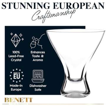 BENETI Martini Glasses Set of 4-8 Oz Margarita Glasses, European Cocktail Glasses, Stemless Martini Glasses, Coupe Glasses, Dishwasher Safe, Glass Cups for Party Cosmopolitan Glasses