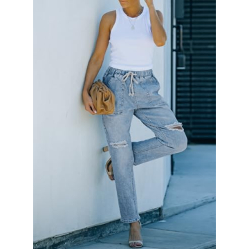 Sidefeel Women's Ripped Denim Joggers Comfortable Cargo Jeans