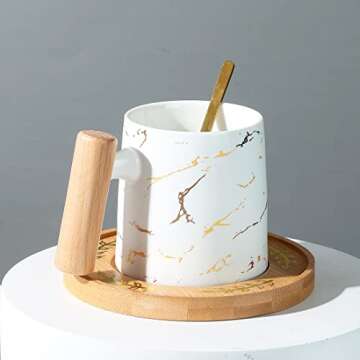 MINISO Luxury Golden Marble Mug and Saucers Set - Ceramic Coffee Cup 8 oz with Wood Handle for Coffee, Tea, and Latte - Matte Finish (White, Cup & Coaster & Spoon)
