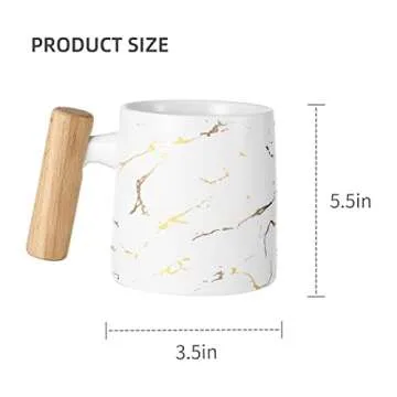 MINISO Luxury Golden Marble Mug and Saucers Set - Ceramic Coffee Cup 8 oz with Wood Handle for Coffee, Tea, and Latte - Matte Finish (White, Cup & Coaster & Spoon)