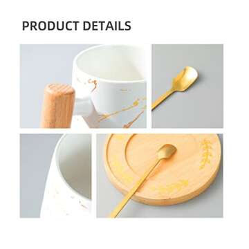 MINISO Luxury Golden Marble Mug and Saucers Set - Ceramic Coffee Cup 8 oz with Wood Handle for Coffee, Tea, and Latte - Matte Finish (White, Cup & Coaster & Spoon)