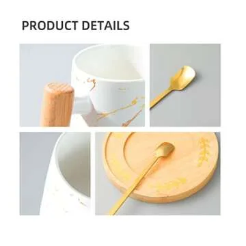 MINISO Luxury Golden Marble Mug and Saucers Set - Ceramic Coffee Cup 8 oz with Wood Handle for Coffee, Tea, and Latte - Matte Finish (White, Cup & Coaster & Spoon)