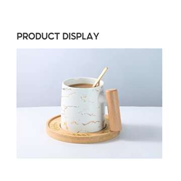 MINISO Luxury Golden Marble Mug and Saucers Set - Ceramic Coffee Cup 8 oz with Wood Handle for Coffee, Tea, and Latte - Matte Finish (White, Cup & Coaster & Spoon)