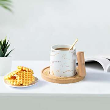MINISO Luxury Golden Marble Mug and Saucers Set - Ceramic Coffee Cup 8 oz with Wood Handle for Coffee, Tea, and Latte - Matte Finish (White, Cup & Coaster & Spoon)