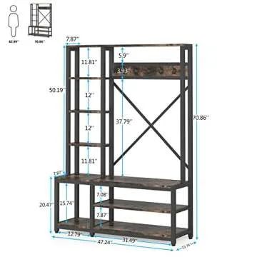 Tribesigns Mudroom Hall Tree, 4-in-1 Entryway Coat Rack, Industrial Wooden Entryway Bench with Coat Rack, Storage Shelving with Shoe Bench/5 Hanging Hooks for Bedroom, Brown