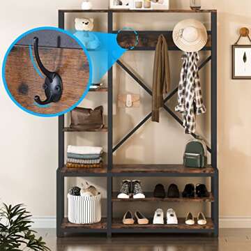 Tribesigns Mudroom Hall Tree, 4-in-1 Entryway Coat Rack, Industrial Wooden Entryway Bench with Coat Rack, Storage Shelving with Shoe Bench/5 Hanging Hooks for Bedroom, Brown