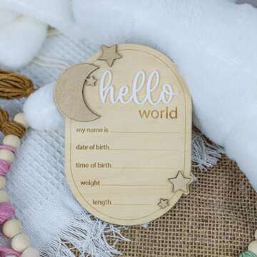 Baby Announcement Sign Star, 6.5 Inch Wooden Hello World Newborn Welcome Sign Birth Baby Name Plaque...