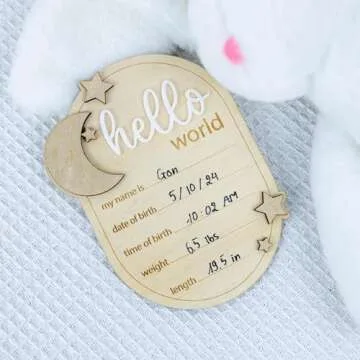 Baby Announcement Sign Star, 6.5 Inch Wooden Hello World Newborn Welcome Sign Birth Baby Name Plaques for Photo Props Baby Shower Hospital Nursery (A62)