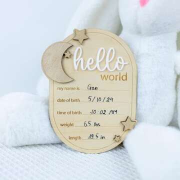 Baby Announcement Sign Star, 6.5 Inch Wooden Hello World Newborn Welcome Sign Birth Baby Name Plaques for Photo Props Baby Shower Hospital Nursery (A62)