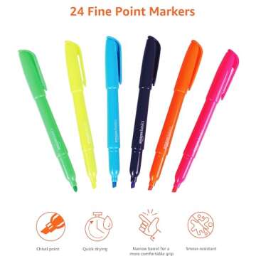 Amazon Basics Highlighters, Fluorescent Ink, Chisel Tip, School Supplies, 24 Pack, Multicolor