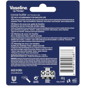 Vaseline Lip Therapy Cocoa Butter, Fast-Acting Nourishment, Ideal for Chapped, Dry, or Cracked Lips,...