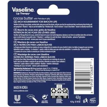 Vaseline Lip Therapy Cocoa Butter Stick - Fast-Acting Hydration for All Ages, 0.16 Oz (Pack of 4)