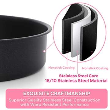 Herogo 6 Inch Round Cake Pan Set of 3, Stainless Steel Black Nonstick Baking Pan for Birthday Wedding Layer Cake, Leakproof & Straight Side, Oven Safe