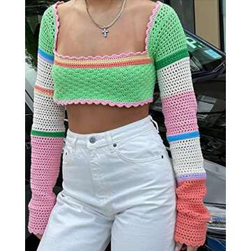 Women's Crochet Knit Mesh Sweater Square Neck Long Sleeve Color Block Y2k Pullover Crop Tops Blouse Tops (Green, Small)