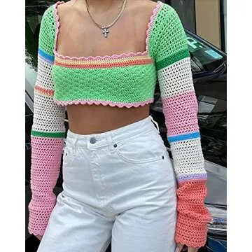 Women's Crochet Knit Mesh Sweater Square Neck Long Sleeve Color Block Y2k Pullover Crop Tops Blouse Tops (Green, Small)