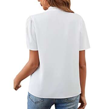 Rooscier Women's Bow Tie Knot Mock Neck Short Sleeve Elegant Workwear Blouse Shirt Top White Small