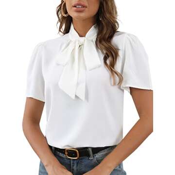 Rooscier Women's Bow Tie Knot Mock Neck Short Sleeve Elegant Workwear Blouse Shirt Top White Small