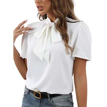 Rooscier Women's Bow Tie Knot Mock Neck Short Sleeve Elegant Workwear Blouse Shirt Top White Small