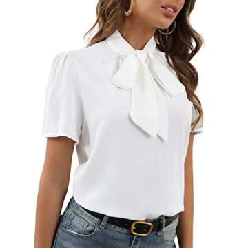 Rooscier Women's Bow Tie Knot Mock Neck Short Sleeve Elegant Workwear Blouse Shirt Top White Small