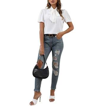 Rooscier Women's Bow Tie Knot Mock Neck Short Sleeve Elegant Workwear Blouse Shirt Top White Small