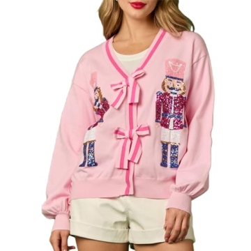 Women Christmas Sweater Cardigan Sequin Nutcracker Graphic Bow Front Knitted Cardigan Sparkly Xmas S...