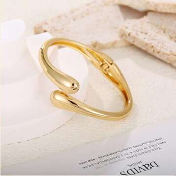Minimalist Double Teardrop Bangle Bracelets for Women Dainty Delicate Trendy Chunky Thick Hinge Cuff Wrist Bracelet Statement High Polished Fashion Jewelry Birthday Gift Her (Gold)