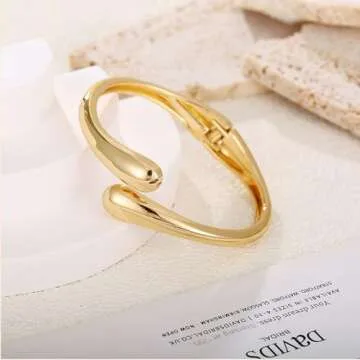 Minimalist Double Teardrop Bangle Bracelets for Women Dainty Delicate Trendy Chunky Thick Hinge Cuff Wrist Bracelet Statement High Polished Fashion Jewelry Birthday Gift Her (Gold)