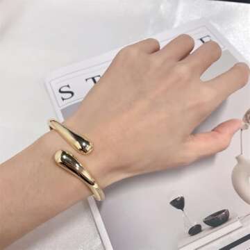 Minimalist Double Teardrop Bangle Bracelets for Women Dainty Delicate Trendy Chunky Thick Hinge Cuff Wrist Bracelet Statement High Polished Fashion Jewelry Birthday Gift Her (Gold)