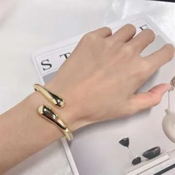 Minimalist Double Teardrop Bangle Bracelets for Women Dainty Delicate Trendy Chunky Thick Hinge Cuff Wrist Bracelet Statement High Polished Fashion Jewelry Birthday Gift Her (Gold)