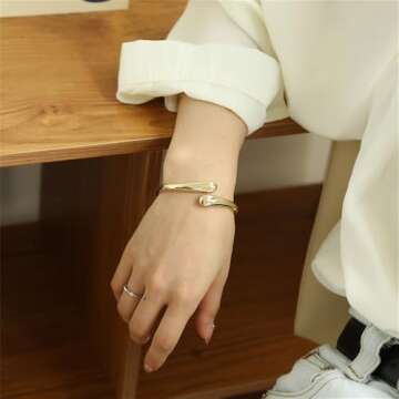 Minimalist Double Teardrop Bangle Bracelets for Women Dainty Delicate Trendy Chunky Thick Hinge Cuff Wrist Bracelet Statement High Polished Fashion Jewelry Birthday Gift Her (Gold)