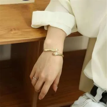 Minimalist Double Teardrop Bangle Bracelets for Women Dainty Delicate Trendy Chunky Thick Hinge Cuff Wrist Bracelet Statement High Polished Fashion Jewelry Birthday Gift Her (Gold)