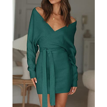 ZESICA Women's Fall Long Batwing Sleeve Wrap V Neck Knitted Backless Bodycon Pullover Sweater Dress with Belt,Green,Medium